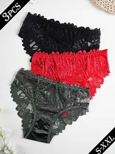 3 Pack Women Mid Waist Lacy Lace Triangle Panties Anti-Roll Waist Fit Full Coverage Soft Elegant Chic Solid Color Sexy Sheer For Students Young Women Maternity