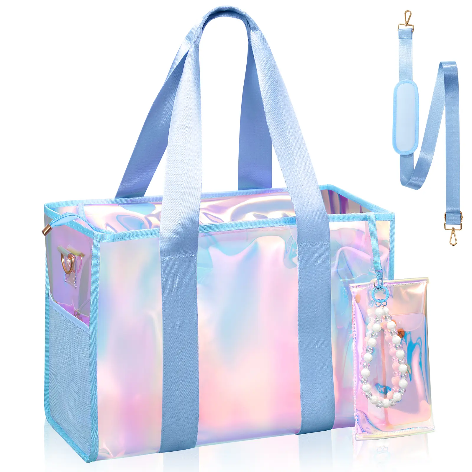 Women's Iridescent PVC Jelly Beach Tote - Carry All Design, Lightweight Versatile Build, Multiple Compartments, Adjustable Strap, Zipper Closure, Included Makeup Bag for Pool Swim