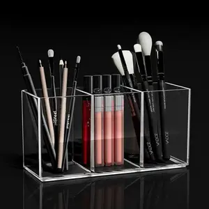 Transparent acrylic makeup brush storage box with 3 slots, makeup brush organizer, desk pencil holder, desk storage box and makeup set