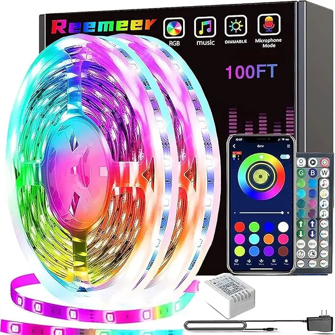 Reemeer Led Lights 100ft(2 Rolls of 50ft) Smart APP Control Music Sync Led Strip Lights RGB Color Changing Led Lights Strips with Remote Led Lights