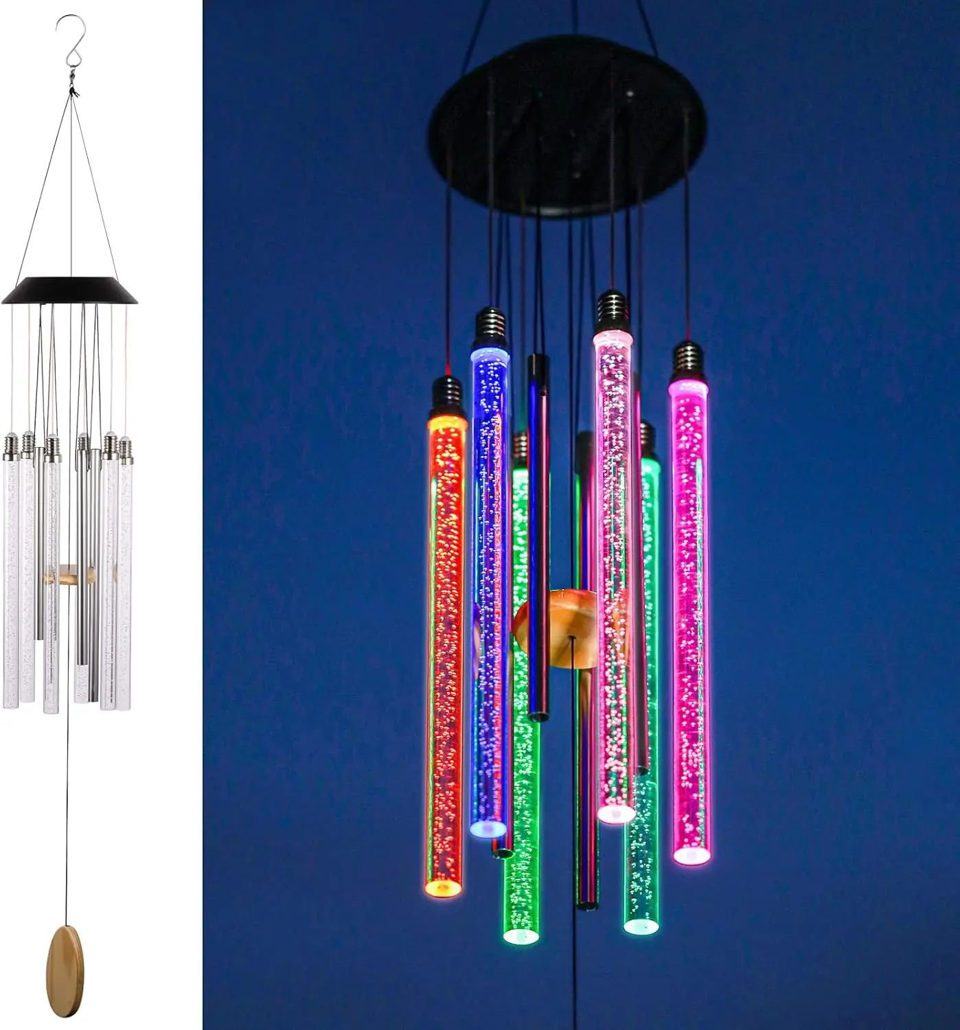 Solar Wind Chimes for Outside, 6 LED Tubes Color Changing Outdoor Unique Garden Decor Colorful Patio, Gifts for Her/Him (37" Long) Led Bars Led Lights