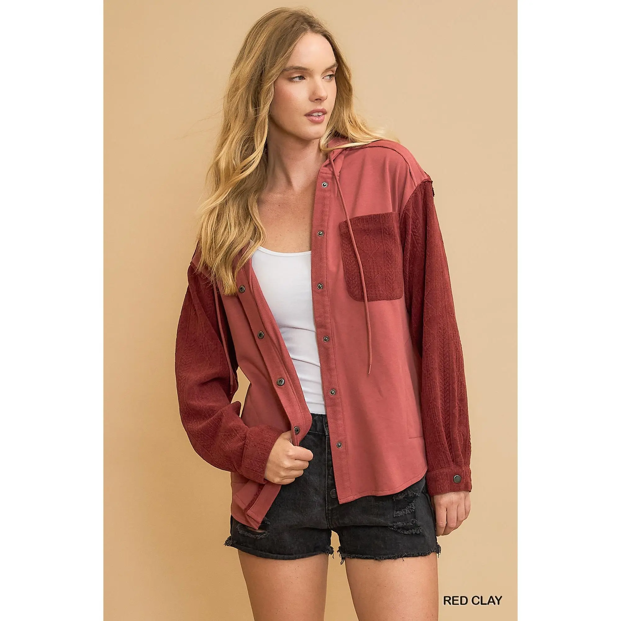 Umgee Washed French Terry Shacket - Red Clay, Buttoned, Drop Shoulder, Long Sleeve, Casual, All Seasons, Machine Wash Cold, Tumble Dry Low, 85% Cotton 15% Polyester