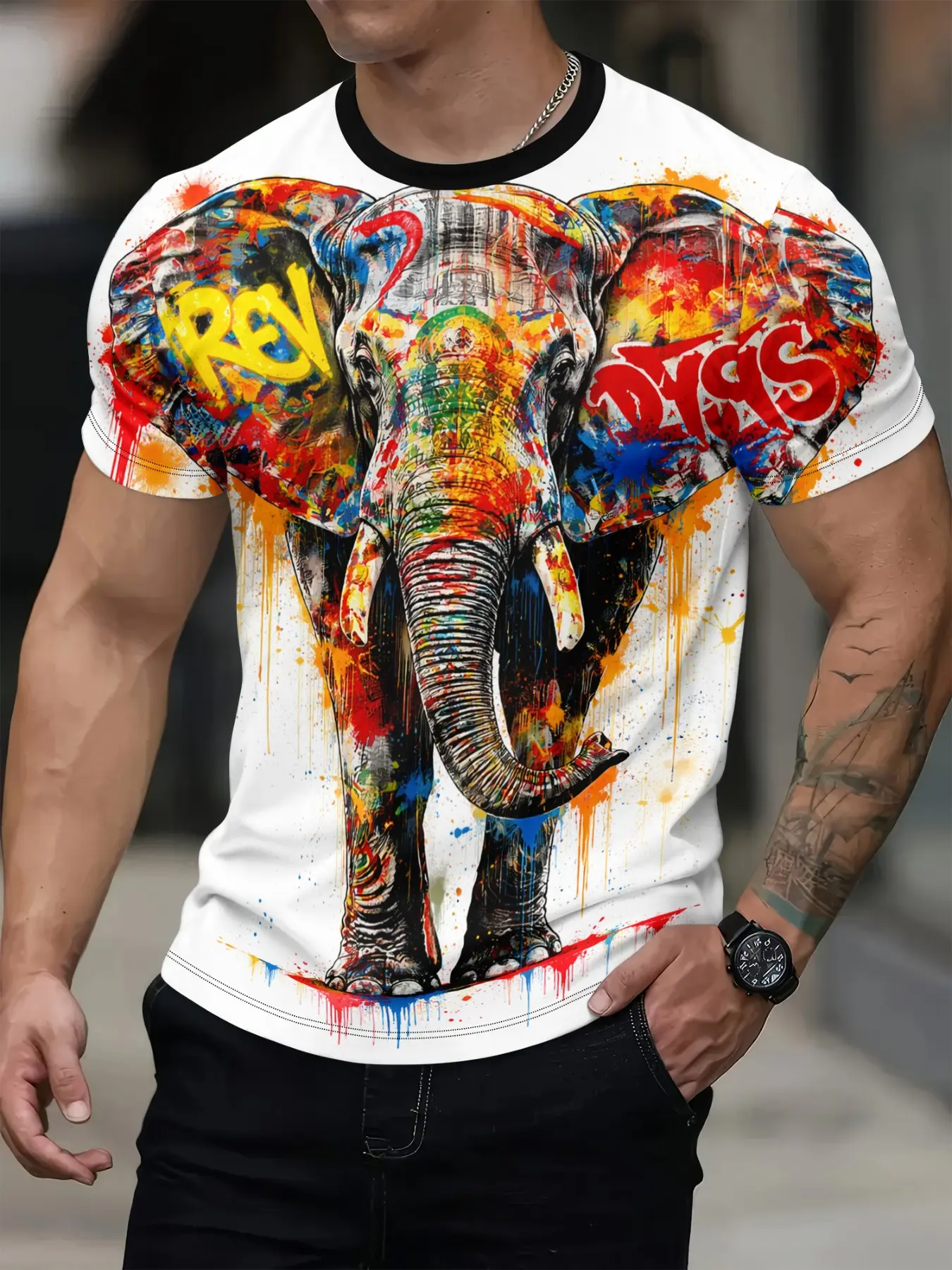 & Multicolor Splatter Print Casual Streetwear Round Neck T-Shirt, Top, Casual Fashion Clothing, Casual Summer Clothing, City Exploration Urban Adventure Graffiti Elephant Pattern Menswear, Men's T-Shirt, Casual Style Tee, Fitted Long Sleeve Tee