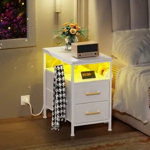 Night Stand with Charging Station, End Table, LED Nightstand with U-S-B Ports and Outlets, 2 Fabric Storage Drawers with PU Finish, Small Bedside Table, White,