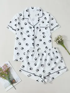 Women's Cute Claw Print Pajama Set, Short Sleeve Shorts, All-Season Fitted Sleepwear, Soft Comfortable Home Clothing