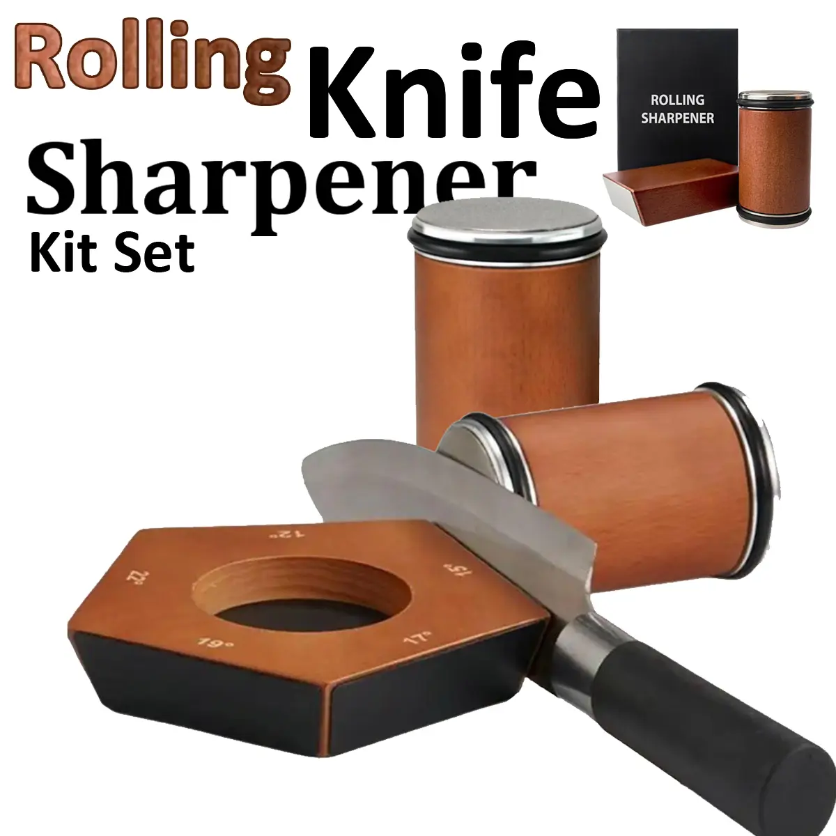 Rolling Kitchen Knife Sharpener Kit with Diamond & Ceramic Discs, Kitchen Gadgets Set Including Pocket Knife, Medium Wooden Sharpening Tumbler for Cutting Tools (Hardness 22-30), Knives