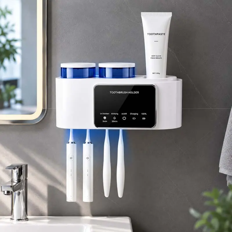 Modern Wall-Mount Toothbrush Holder, Silicone Bathroom Accessory with Toothpaste Tray - Waterproof, Durable, Heat-Resistant, Odorless, Firm, Hygienic, Portable Storage Rack Holds Up to 4 Toothbrushes for Brush & Cup Disinfection