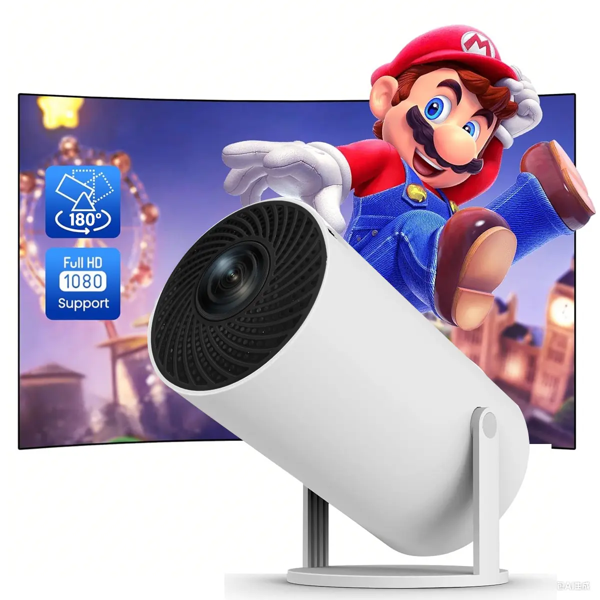 M5 Projector, White Color, US Standard Charger, Wireless Screen Cast Version, Portable Mini Projector, Connect via Phone Bluetooth for Video Casting, Compact Home Theater Projector for Small Space Use