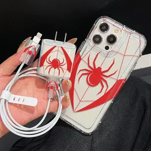 Spider Pattern Phone Case with Charger Saver & Cable Protector & Storage Rope, Anti-drop Cellphone Protective Case, Total Protective Shockproof Mobile Phone Cover for iPhone, Casing