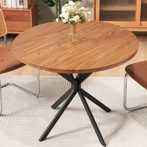 Hooseng Walnut Round Dining Table | 4-6 Person Mid-Century Modern Table with X-Shaped Metal Base | Easy Assembly & All Tools Included | Perfect for Kitchen & Living Room