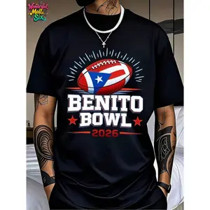 Men's And Women's Benito Bowl 2026 Shirt Puerto Rico Football T-Shirt, Casual Crew Neck Top, Vintage Clothing, Gift For Fans And Friends, Valentine's Day Gift, Suitable For All Seasons, Crew Neck, Short Sleeve