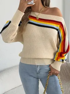 Women's Rainbow Striped Asymmetrical Neck Long Sleeve Sweater, Casual Fall Winter Knit Pullover, Ladies Fashion Top Knitwear