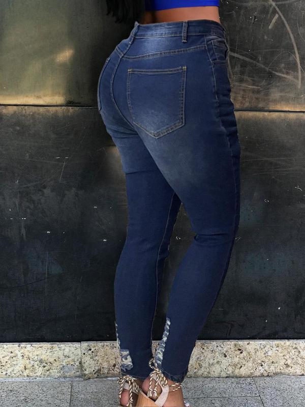 【Plus Size】 Solid Color Ripped Stretchy Jeans, Casual Fashion Skinny Denim Pants for Daily Outdoor Wear, Women Plus Clothing for Summer