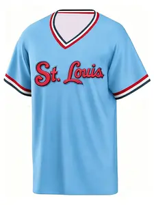St. Louis Retro Baseball Jersey, Light Blue V-Neck with Red/White Trim, Breathable Casual Tee for Fans, Vintage Sports & Streetwear Enthusiasts