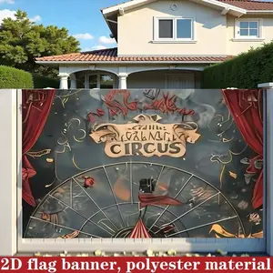 2D Flat 1PC Polyester Banner, Vintage Circus "CIRCUS" Theme Design, Featuring Red Curtain, Ferris Wheel & Dark Tone Elements, Retro Theatrical Style, Indoor and Outdoor Use, Ideal for Circus Parties, Themed Events, Carnival Activities, Photo Background