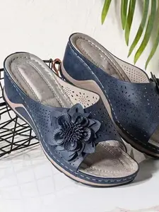 Bohemian Floral Stitch Wedge Sandals for Women - Open Toe Slide Sandals, Ultra-Lightweight, Comfortable, Non-Slip, Wear-Resistant & Rubber