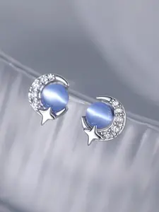 Low Allergy S999 Silver Color Moon Star Earrings, Artificial Gemstone Inlay, Suitable for Daily Wear, Parties, Birthdays, Anniversaries, Graduations, Stud Earrings Jewelry, Hypoallergenic Cz Earrings