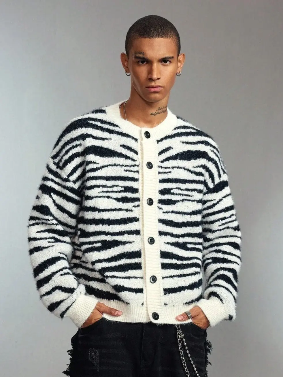 Sweaters - Men's Jacquard Knit Cardigan, V-Neck Loose Cropped Sweater for Fall Winter Streetwear mens clothing male clothing streetwear clothing fall clothing sweater clothing for men fall sweaters y2k clothing