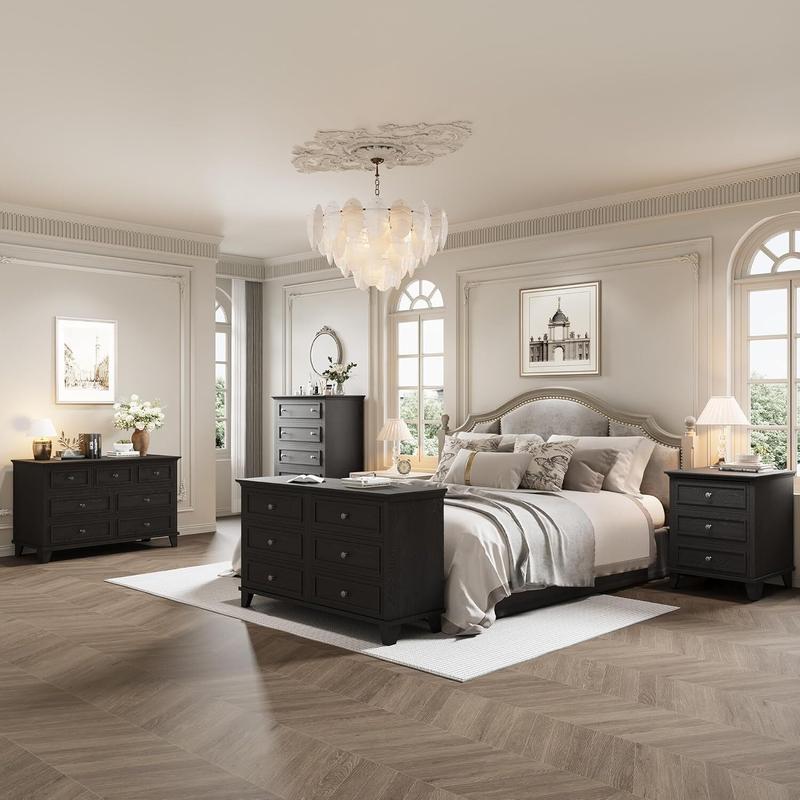 【Christmas Gift】Farmhouse Dresser for Bedroom with 6 Drawer Double Dresser TV Stand with Vintage Handle Wide Wood Dressers Chests of Drawers 6 Drawer Dressers for Bedroom Living Room Hallway-Black