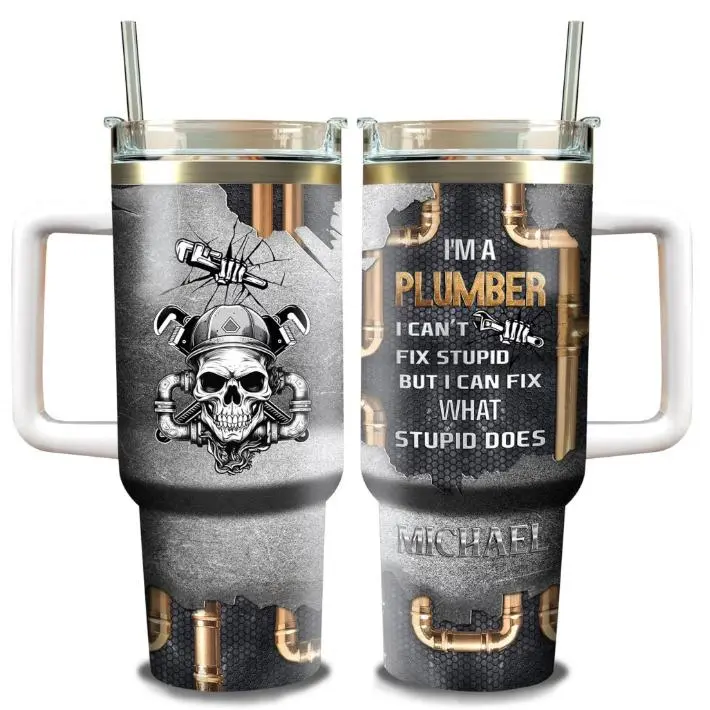 Personalized Plumber 40oz Tumbler with Handle and Straw Lid Custom Name Double Wall Vacuum Tumblers Insulated Cup Fathers Day Birthday Gift for Man Father Him Plumbers Husband