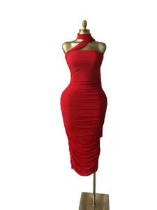 QFAF Red Ruched Bodycon Midi Dress for Women 2026, One Shoulder, Scarf Neck, Halter Design, Formal Elegant Dress with Stretch Fabric, Slim Fit Curve Hugging Dress for Valentine’s Day, Date Night, Party
