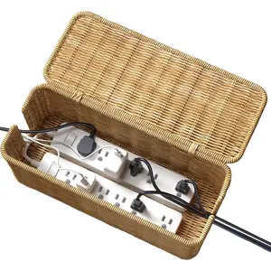 Cable Management Box, Rattan Cable Organizer, Handwoven Imitation Rattan Cord Hider Organizer Box with Lid, 2 Open Slots Cable Organizer Box for Computer Router USB Hub & Power Strip 12.2x4.9x5.1inch