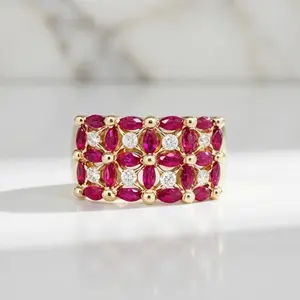Women's Luxury Wedding Ring - Marquise-Cut Synthetic Ruby, Round Zirconia, Colored Gemstone, Marquise-Cut, Sparkly Embellished, Statement Rhinestone, Crystal Copper Ring, Colored Gemstone Rings, Marquise-Cut Rings
