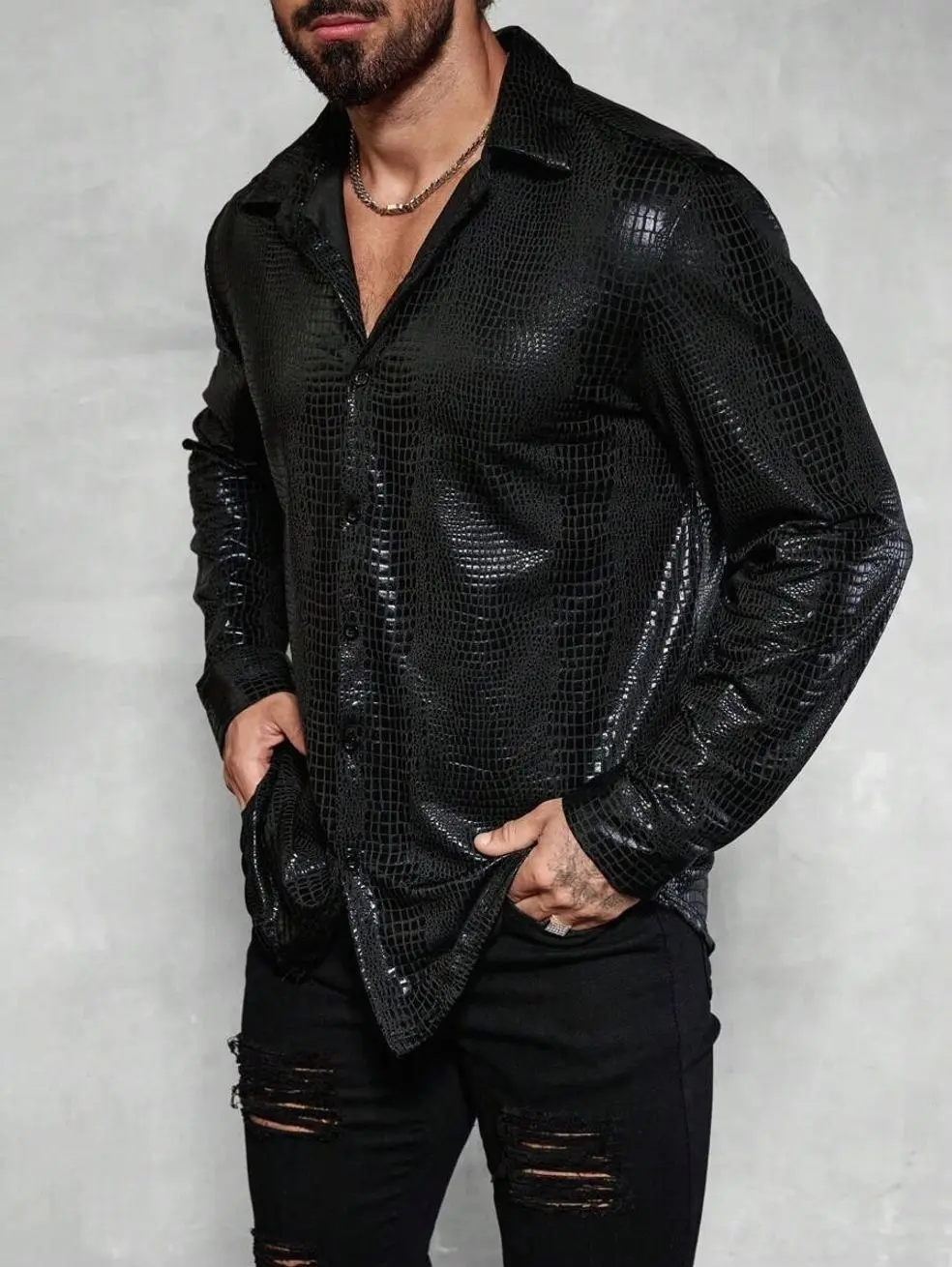 Men's clothing - Men's Crocodile Print Long Sleeve Shirt, Button Down Office & Evening Casual Wear men’s clothes mens clothing male clothing trending clothes y2k clothing streetwear clothing y2k shirts