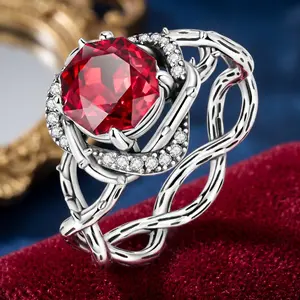925 Silver-plated Everyday Gothic Vintage Dark Ruby Ring for Women, Silver Plated Vine Botanical Design CZ Cocktail Ring, Whimsigoth Alternative Engagement Jewelry Gift