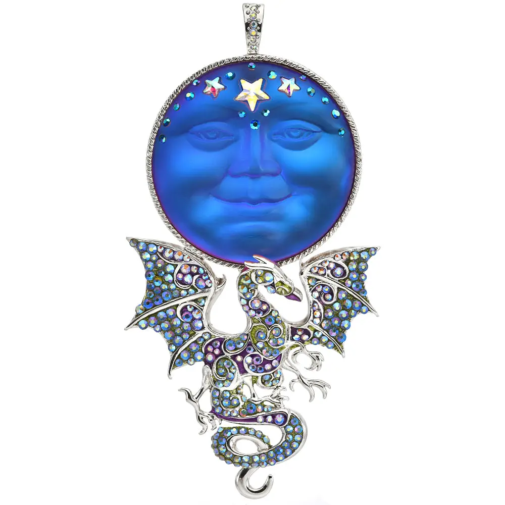 Mystic Seaview Moon 50mm Protector Of The Realm Dragon Foldover Pendant With FREE 30" Twisted Sister Sky Blue Cord Necklace (Sterling Silvertone/Blue Sphinx) (Copy)