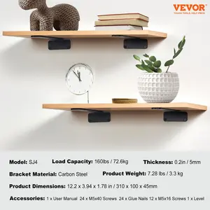 VEVOR Shelf Bracket, 12Lx 4Wx 1.6H 6 Pcs, Heavy Duty Floating Shelf Brackets, Brackets for Shelves, 5mm Thick Matte Black L Shelf Bracket, Steel Shelving Brackets with 160 lbs Load Capacity
