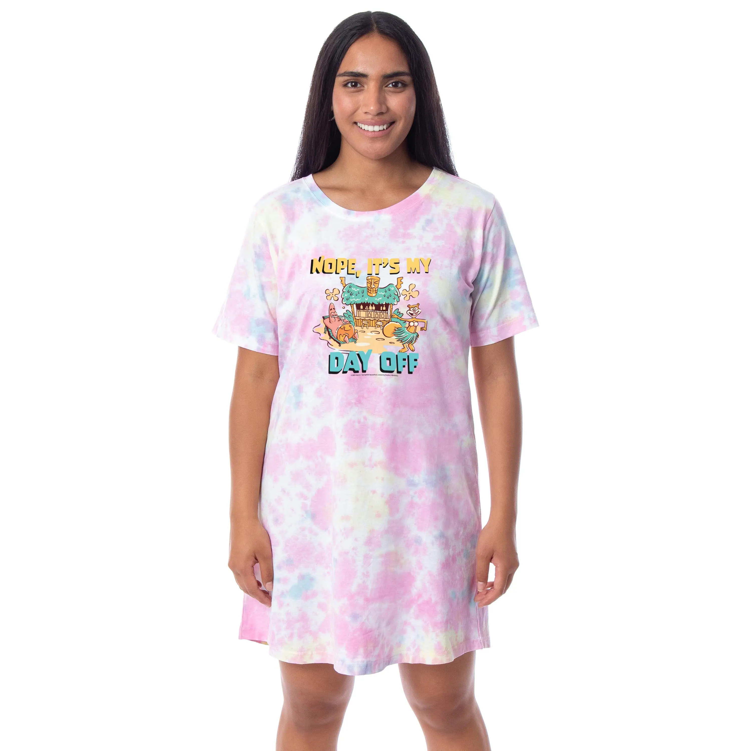 Nickelodeon SpongeBob SquarePants Womens' Nope, It's My Day Off Sandy Patrick Nightgown Sleep Pajama Shirt, Beach, Nightwear, Crewneck, Fabric, Apparel, Soft, Cotton
