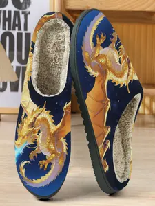 Luxurious Dragon Cotton Slippers, Deep Space Nebula Background, Golden Scale Winged Dragon Design, Soft Plush Lining, Casual Home Wear