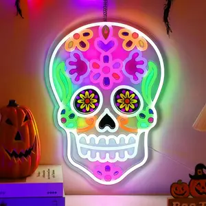 Halloween Decorations Window Skull Lights,  Neon Signs Day of The  Sugar Skull Lights Dia de Los Muertos for Party, Bedroom Wall Decor,  Wall, Man Cave