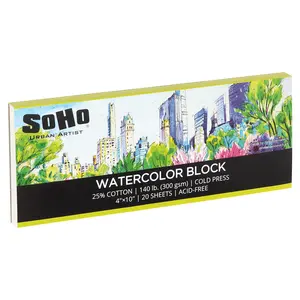 SoHo Urban Artist Watercolor Block 4x10" - 140lb 20 Sheets Cold Press, Professional, Sustainable, Acid-Free