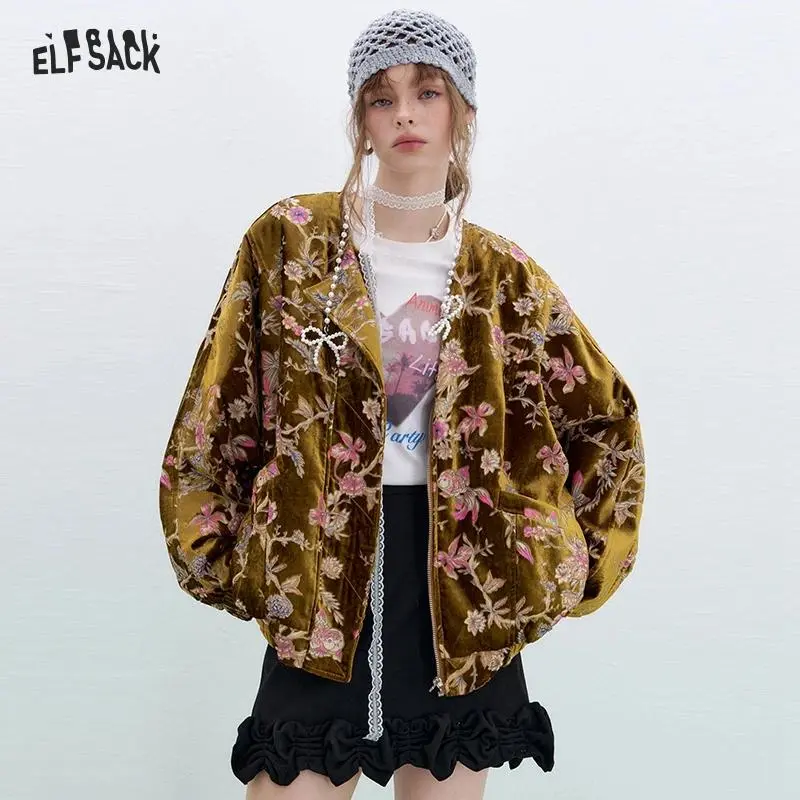 ELFSACK Gold Velvet Jacket Women's Winter Short Coat, Embroidered Goldfish Chinese Style Vintage Loose Padded Jacket