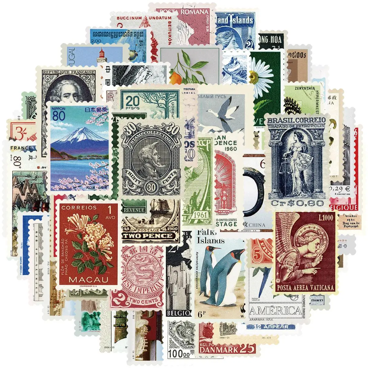 Vintage Postage Stamp Sticker, 64pcs/set Scrapbook Sticker, Deco Paper Sticker for Bullet Journal, DIY Crafts, Collage Album