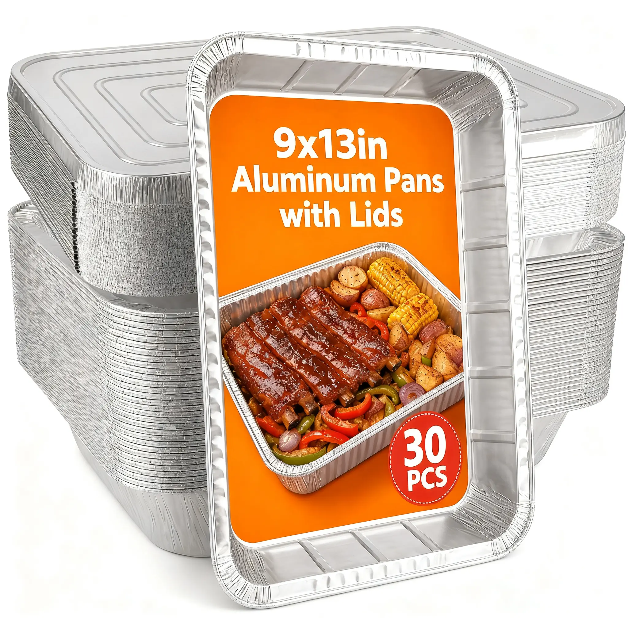30-Pack 9x13 Disposable Aluminum Foil Pans with Lids, Ultra Durable Heavy-Gauge Food Containers Safe for Grill, Stove, Fridge Daily Cooking