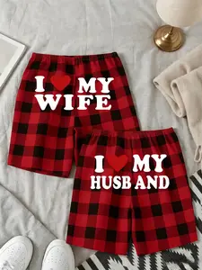 Viral I Love My Wife/Husband Plaid Matching Shorts Set - Soft Breathable Elastic Waist Loungewear, TikTok Trending Couple Pajama Shorts Pjs, Casual Streetwear Plaid Bottoms, Cozy Homewear Sleep Shorts for Vacation & Daily Wear, Red & Green Plaid Variants