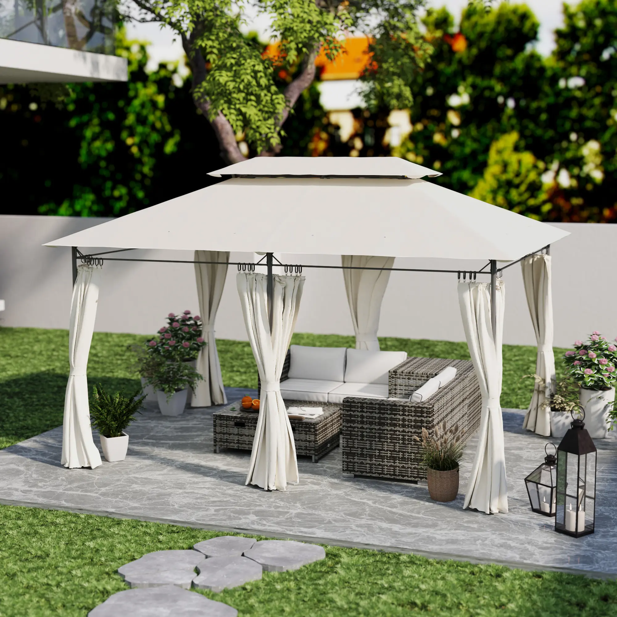 10' x 13' Double Roof Patio Gazebo - Heavy-Duty Cream White Steel Frame Outdoor Gazebo with Privacy Curtains, Mosquito Netting for Garden Lounge, Lawn Wedding Arch