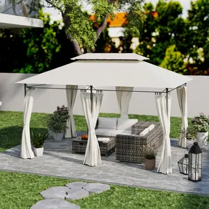 10' x 13' Double Roof Patio Gazebo - Heavy-Duty Cream White Steel Frame Outdoor Gazebo with Privacy Curtains, Mosquito Netting for Garden Lounge, Lawn Wedding Arch