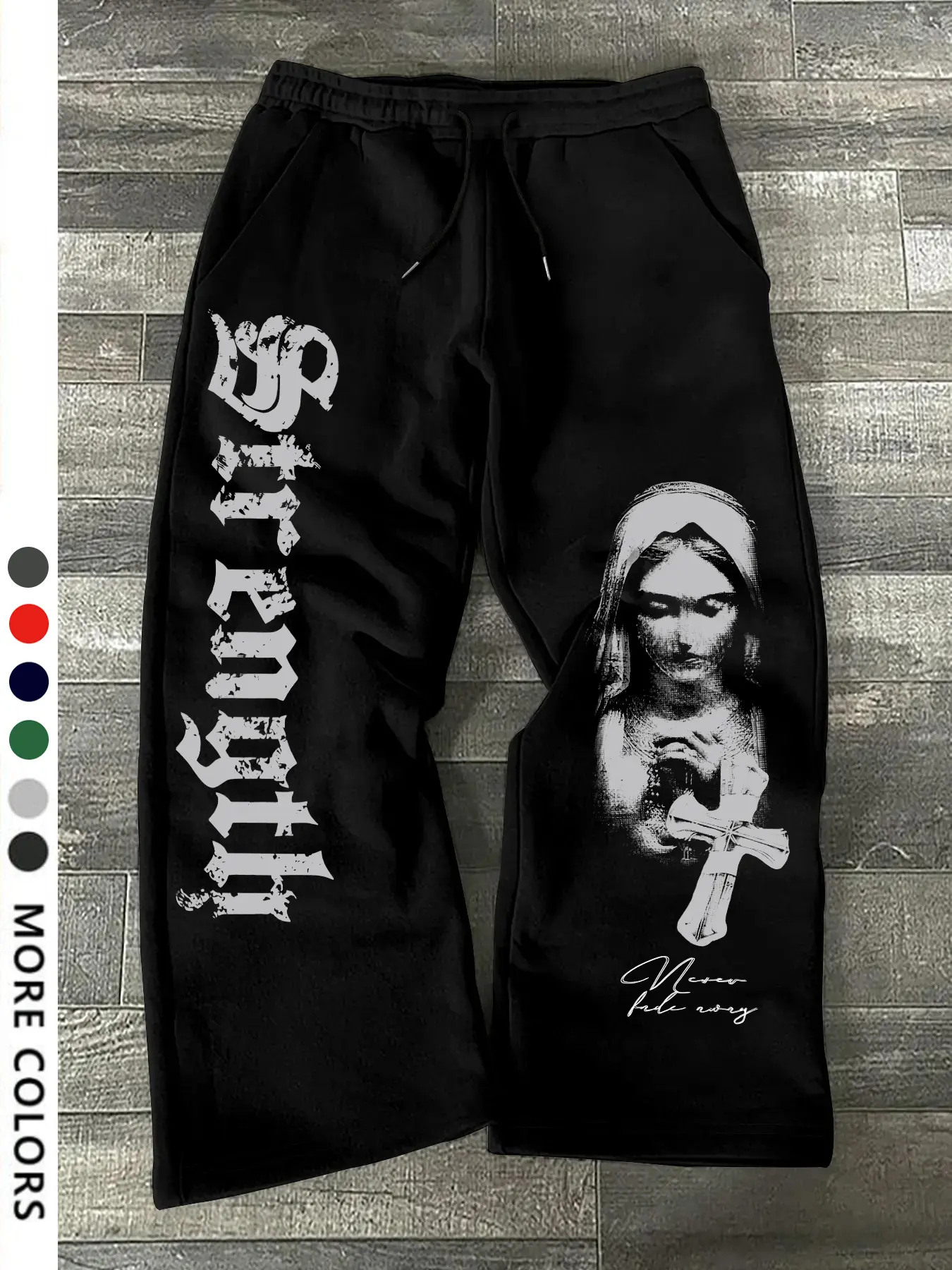 Men's Casual Sporty Long Pants, Nun Pattern Print, Drawstring Wide Leg, All Season Loose Fit, Gothic Style Men's Clothing, Letter Patched Sweatpants, Drawstring Waist Sweatpants