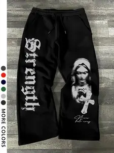 Men's Casual Loose-Fit Drawstring Pants, All-Season Wide-Leg Sweatpants with Nun Print, Comfortable Long Trousers for Everyday Wear