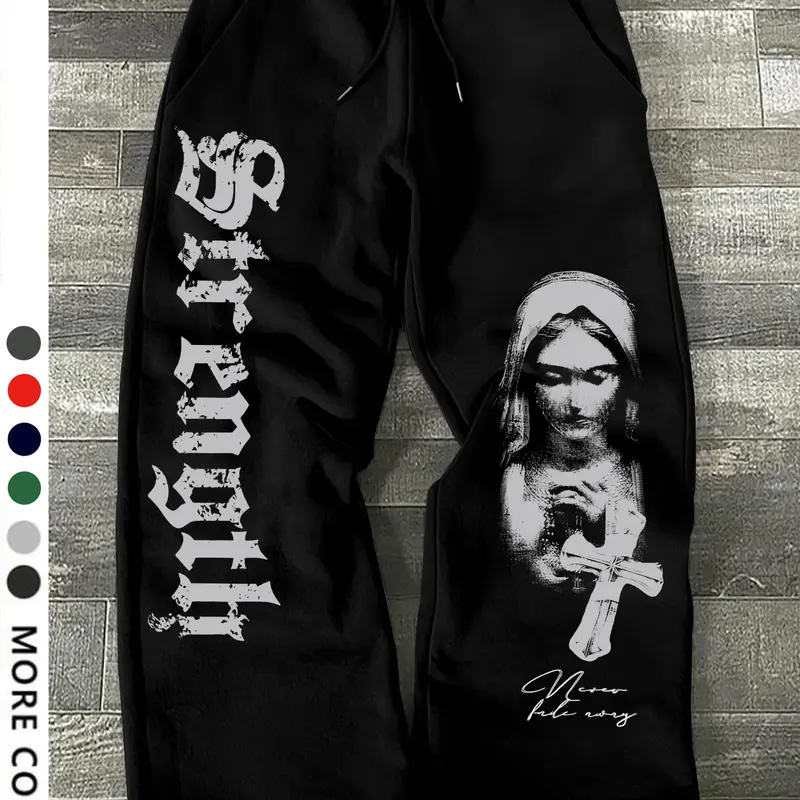 Men's Casual Loose-Fit Drawstring Pants, All-Season Wide-Leg Sweatpants with Nun Print, Comfortable Long Trousers for Everyday Wear