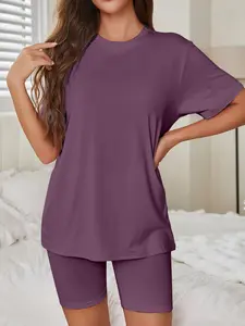 Women's Pajama Set, Short Sleeve Round Neck Slim Fit, Solid Color Sporty Sleepwear, Comfortable Home, All Seasons