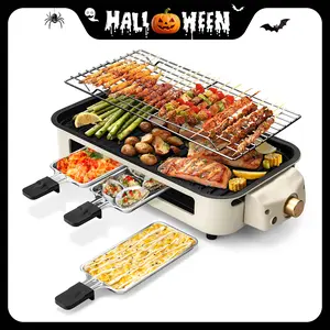1500W Yellow Electric BBQ Grill Smokeless Indoor Cooking with Non-Stick Plate 3 Raclette Pans and Dishwasher Safe Parts Suitable for Steak, Hot Dogs, and More!