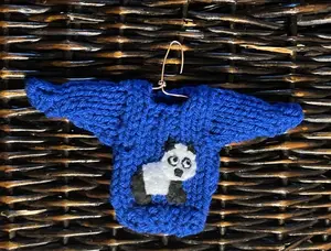 Panda Bear Ornament, Mini Christmas Sweater Ornament w Panda Applique, Panda Lover, Panda Bear Gift, Xmas Ornament, Knitted Ornament.