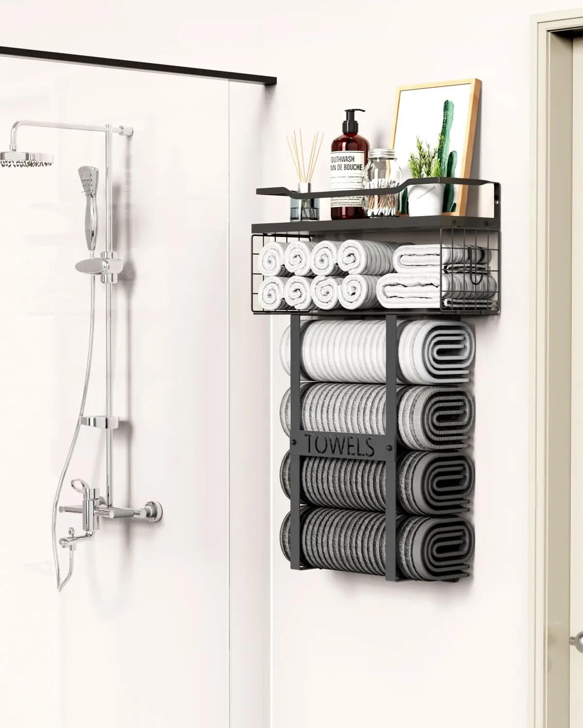 Wall Mounted Towel Rack for Bathroom - Bath Storage Holder Set Above Toilet, Rolled Towel Shelf Organizer, Wood Vertical Rack for Small Bathroom Decor