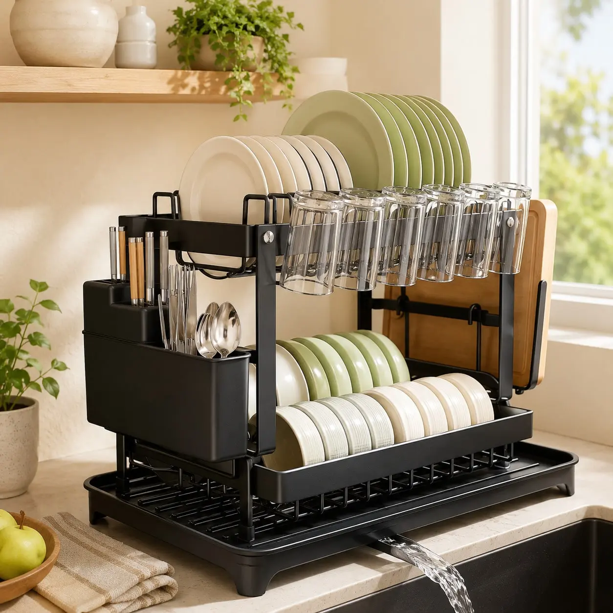Black 2-Tier Carbon Steel Kitchenware Holder - 1 Piece Stainless Rust-Resistant Kitchen Counter Organiser with Drain Board, 2tier Quick Access Shelf, Dish Drying Tray, Utensil Rack for Knives, Cups, Cutting Boards