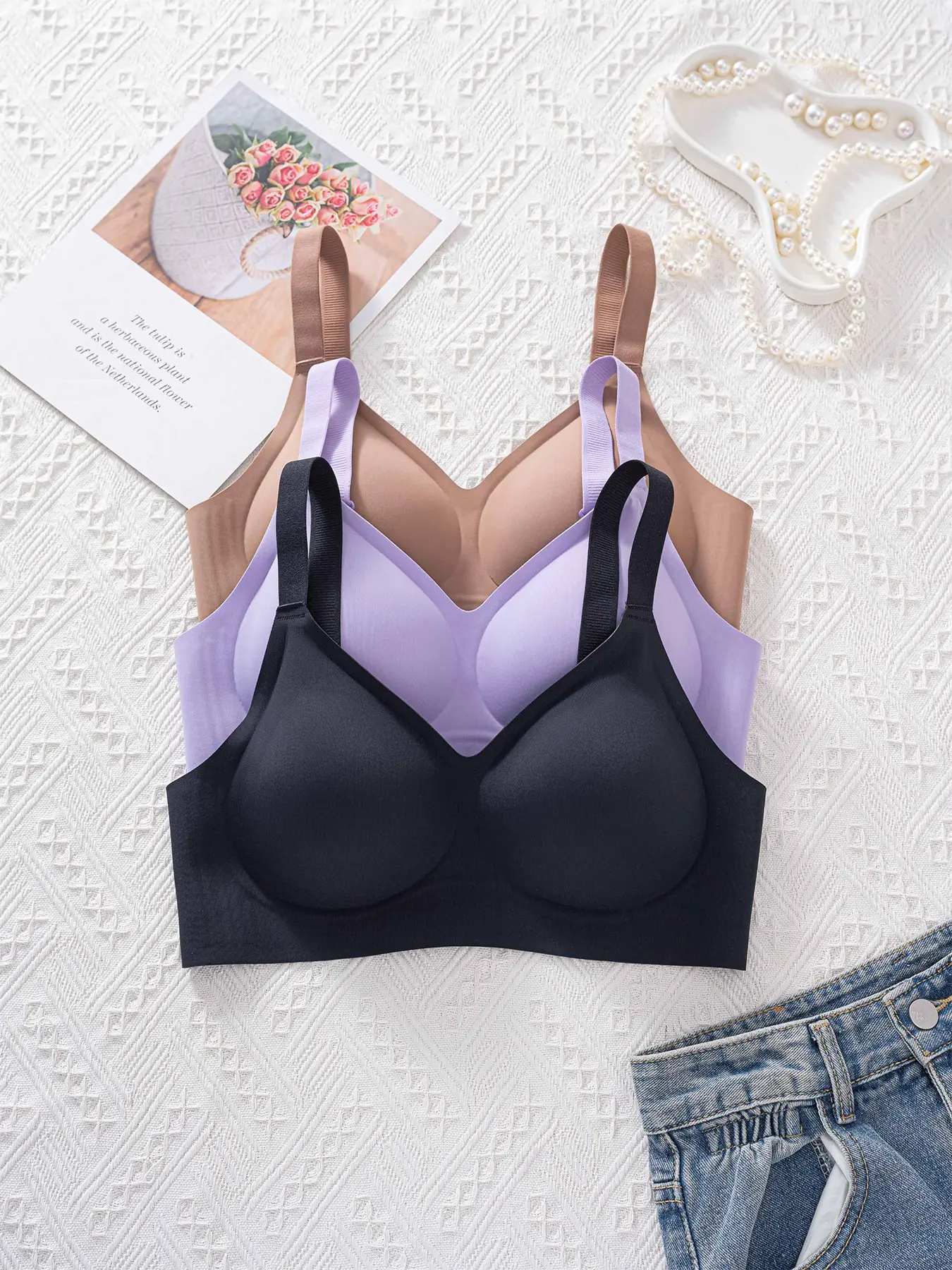3-Pack Women's Seamless Smooth Bralettes, Push-Up Anti-Sagging Bras, Wire-Free Lingerie, Underwear, Medium Support, Slim-Fit, All Seasons, Elastic Bra